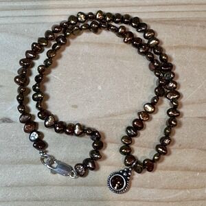 Vintage Pendant Necklace 17 Inch Bronze Cultured Pearl Topaz 925 Sterling 18.0g